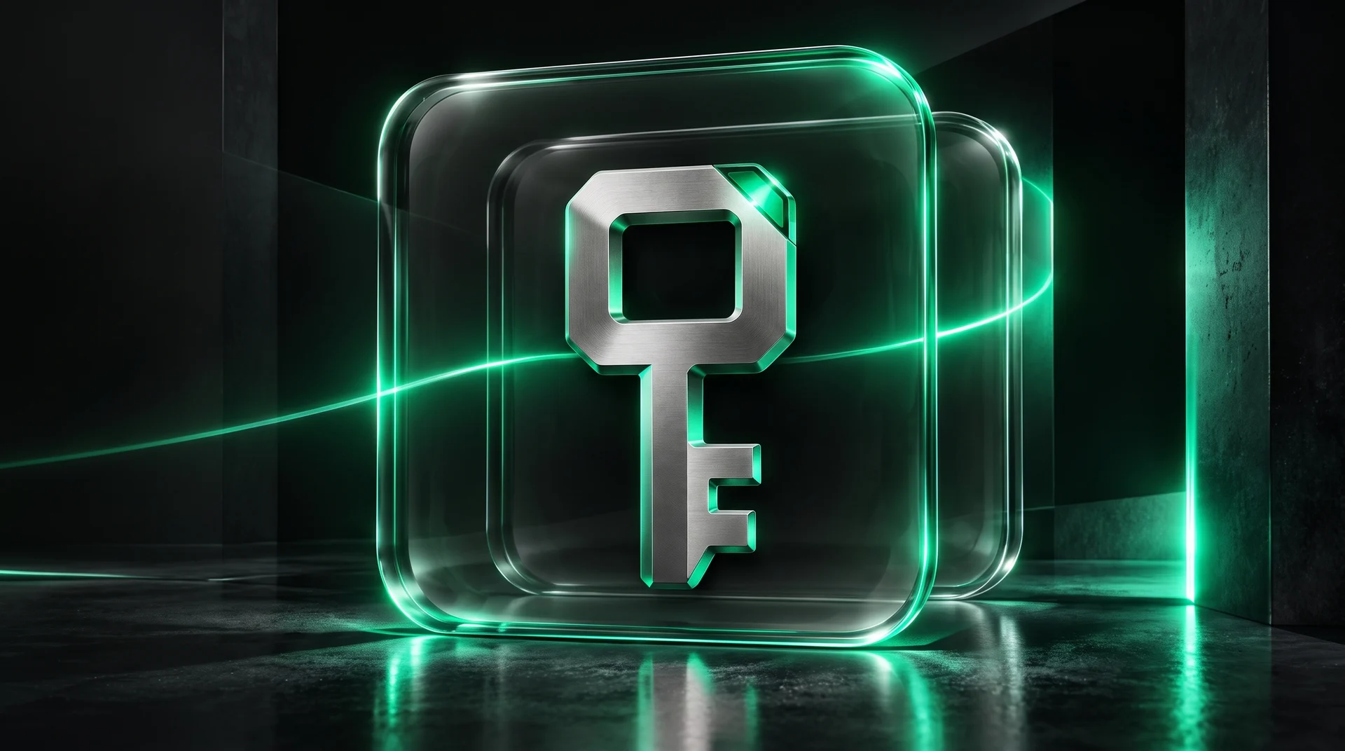 The BLINDKEY key sealed in a dark glass box rimmed with green light